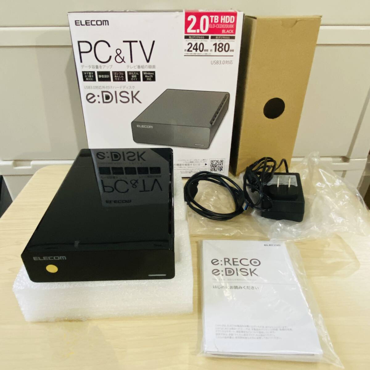 ◆016 ELECOM ELD-CED020U BK USB3.0対応 外付けハードディスク 2TB セキュリティスロット装備 エレコム 黒 ブラック 外箱 内箱 ケーブル付_画像1