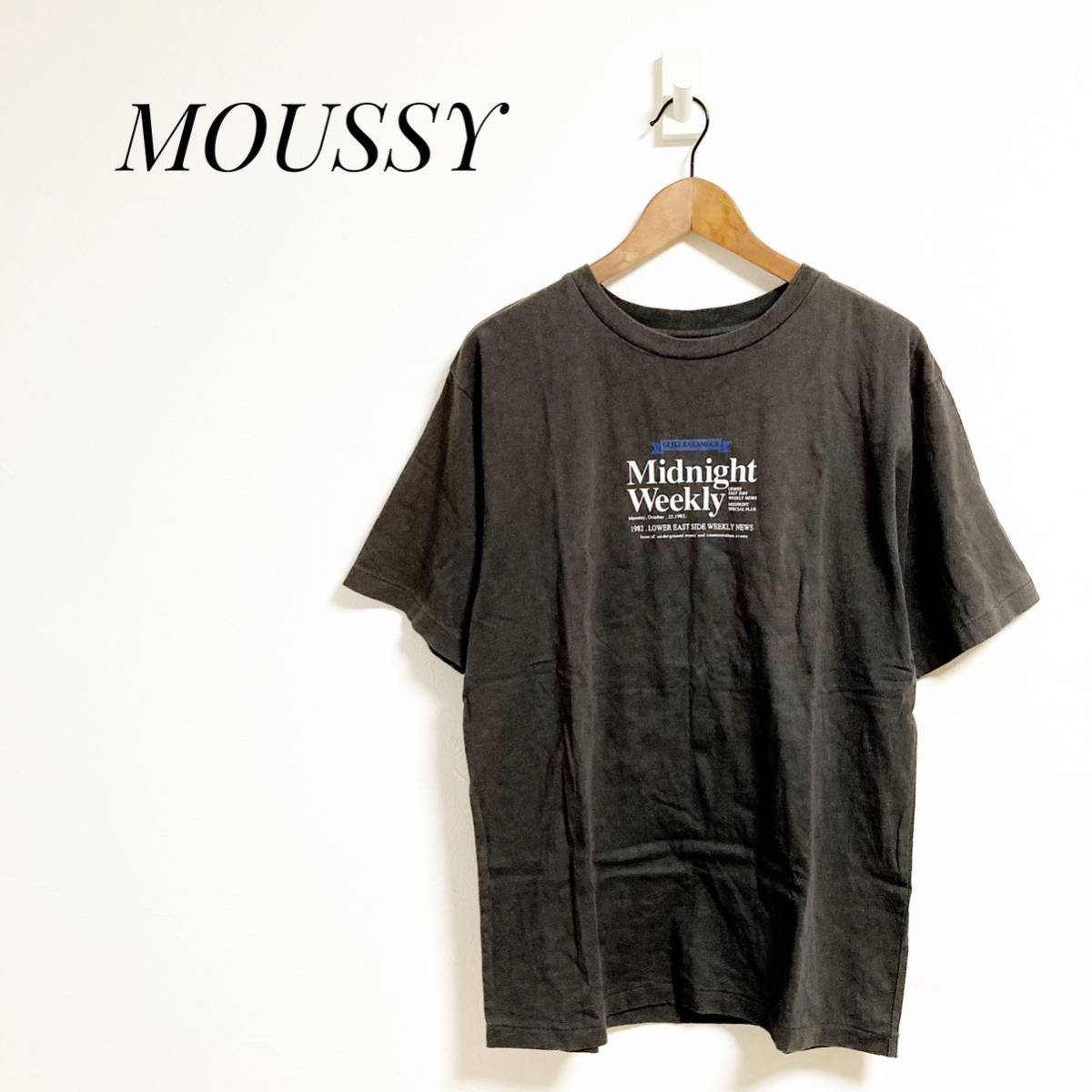 MOUSSY モッシー プリントTシャツ ダークグレー バックプリント カジュアル 半袖 黒 Tシャツ 古着 ブラック クルーネック フリーサイズ_画像1