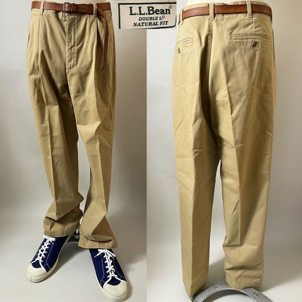 ★【希少 並品 メンズ ドミニカ共和国製】LLBEAN LLビーン(L.L.) コットン100％ 2タック チノ パンツ チノーズ ベージュ系 W33 L30の画像1