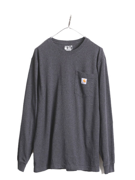 カーハート ポケット付き 長袖 Tシャツ メンズ M / 古着 CARHARTT ロンT ワンポイント ポケT ロゴT ヘビーウェイト クルーネック ワーク 灰_画像1