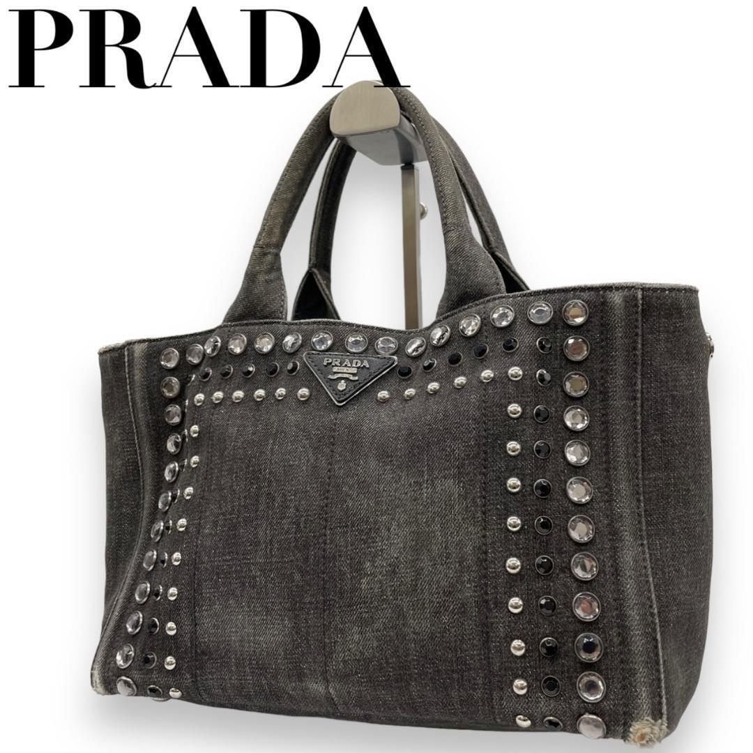 PRADA プラダ　e2 カナパS　ビジュー　ハンドバッグ　三角ロゴ_画像1