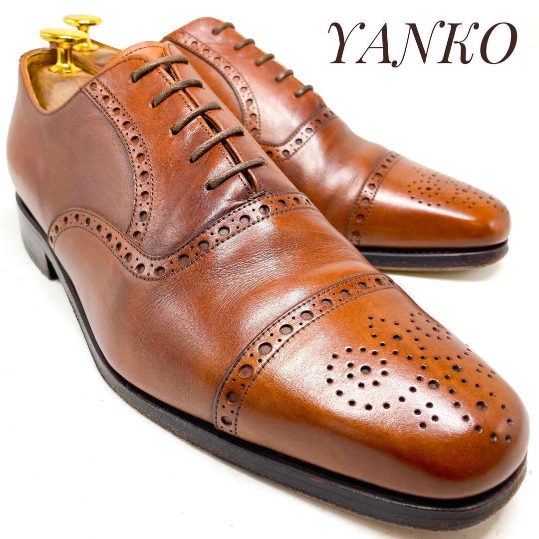 ☆即決・送料無料☆YANKO ヤンコ 内羽根式ストレートチップ セミブローグ 茶 ブラウン 24.5cm 革靴 ビジネスシューズ 本革 本皮 メンズ_画像1