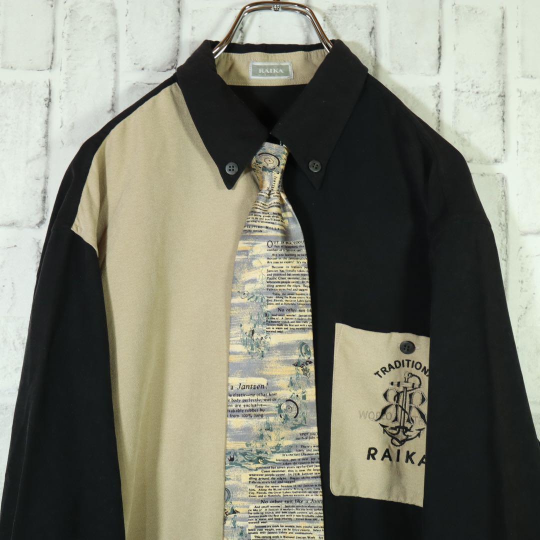 【レトロ古着】ネクタイシャツ 刺しゅうロゴ シルクネクタイ バイカラー L-XL_画像2