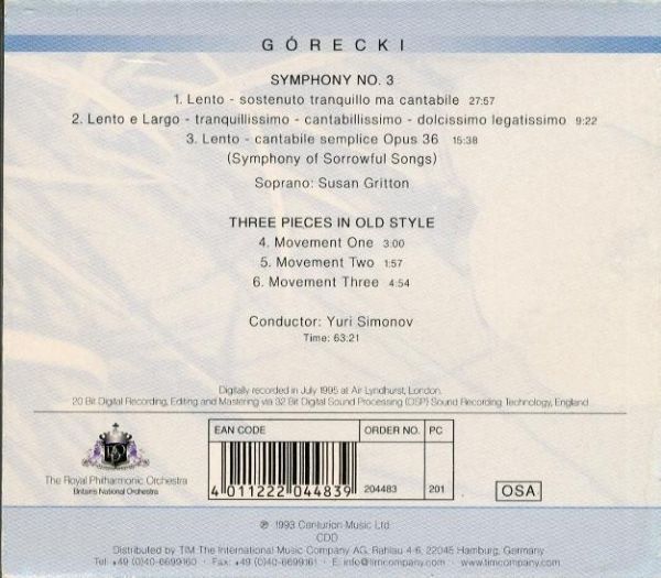 【Centurion】グレツキ 交響曲第3番ほか ユーリ・シモノフ、ロイヤルフィル  -A692- CDの画像2