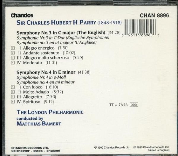 【Chandos】ヒューバート・パリー ：交響曲第3番 第4番　　バーメルト指揮 ロンドン・フィル　　-A725-　CD_画像2