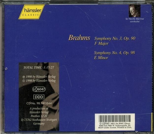 【hanssler】ブラームス：交響曲第3番、4番　マリナー、アカデミー管弦楽団　　　　-A588-　CD_画像2