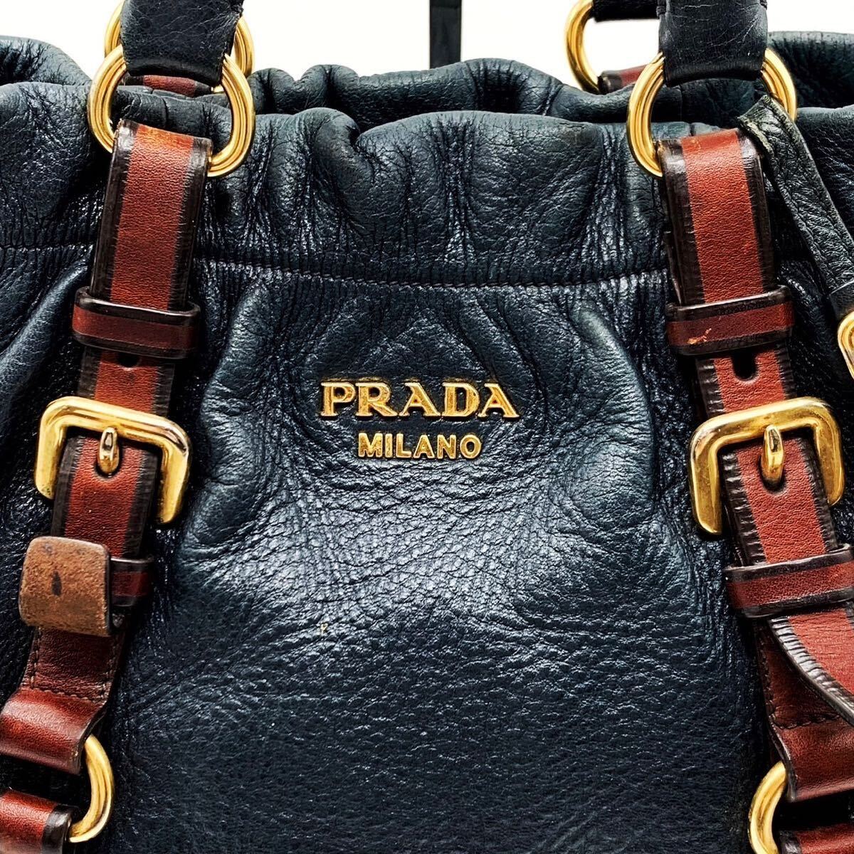 1円 ■人気A4可■ 正規品 PRADA プラダ ハンドバッグ トートバッグ ベルト オールレザー 金具 ネイビー 紺 メンズ ユニセックス 男女_画像9