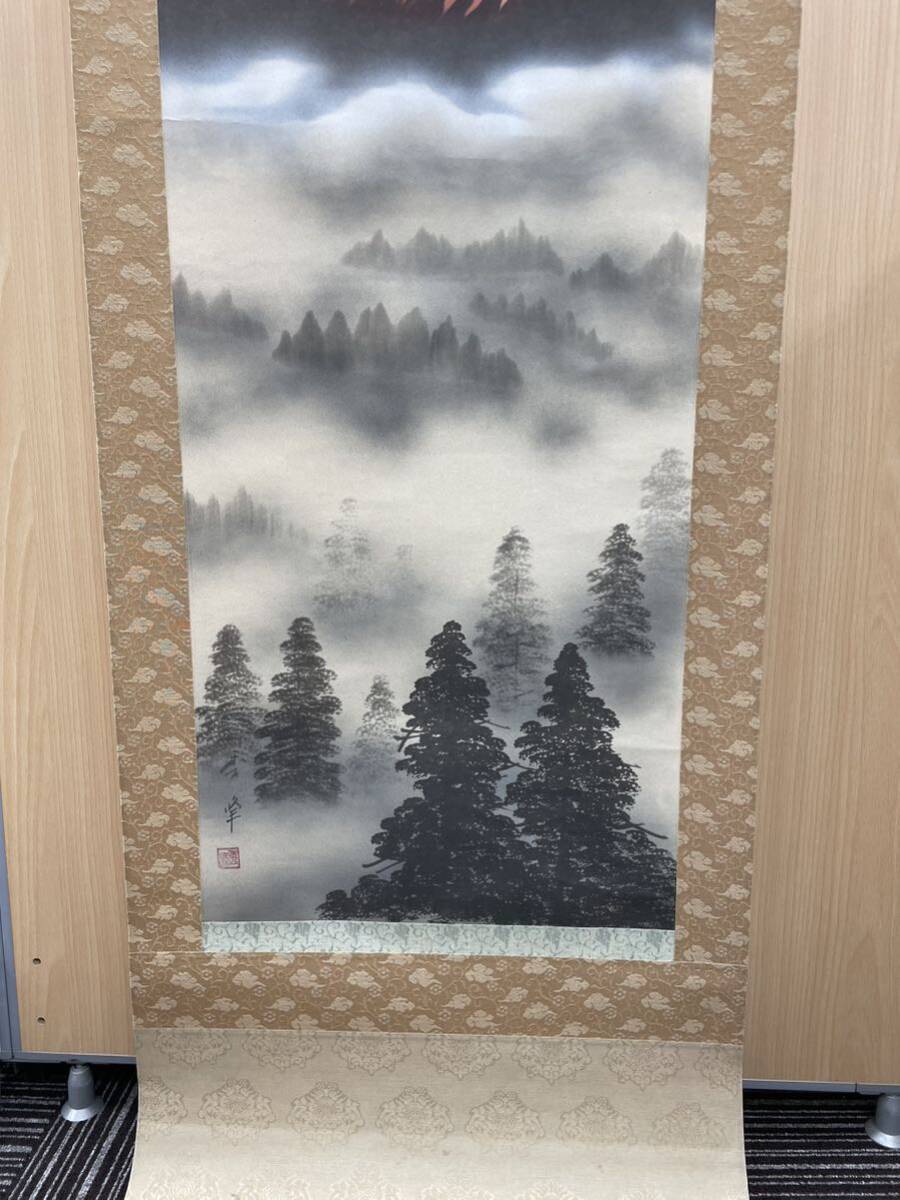 掛軸 日本画 秀峰 赤富士 絹本 日本美術 の画像3