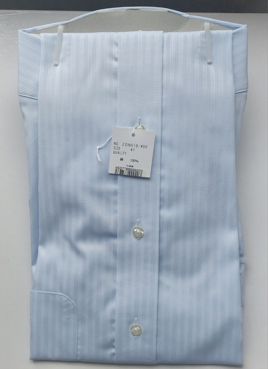 【新品】（半袖）高級ドレスシャツ LORDSON CLASSIC ロードソン サイズL （えり41） 綿100% 色:ブルー ホワイトストライプ 形態安定加エ _画像5