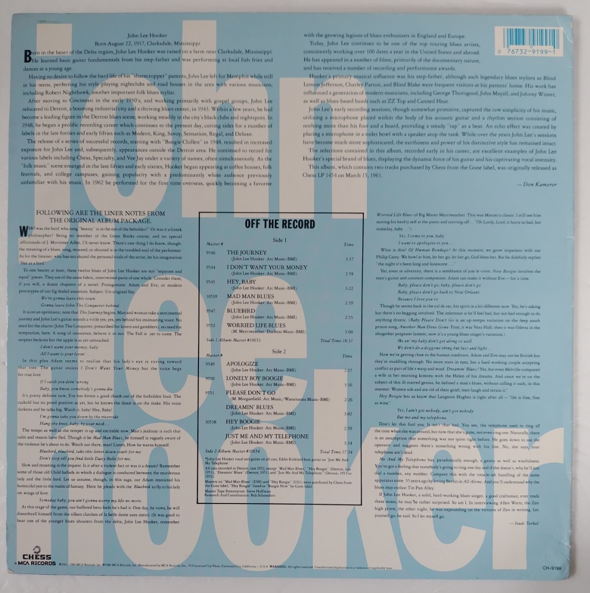 John Lee Hooker Plays & Sings The Blues/1986年米国盤Chess CH-9199, MCA Records CH-9199_画像2