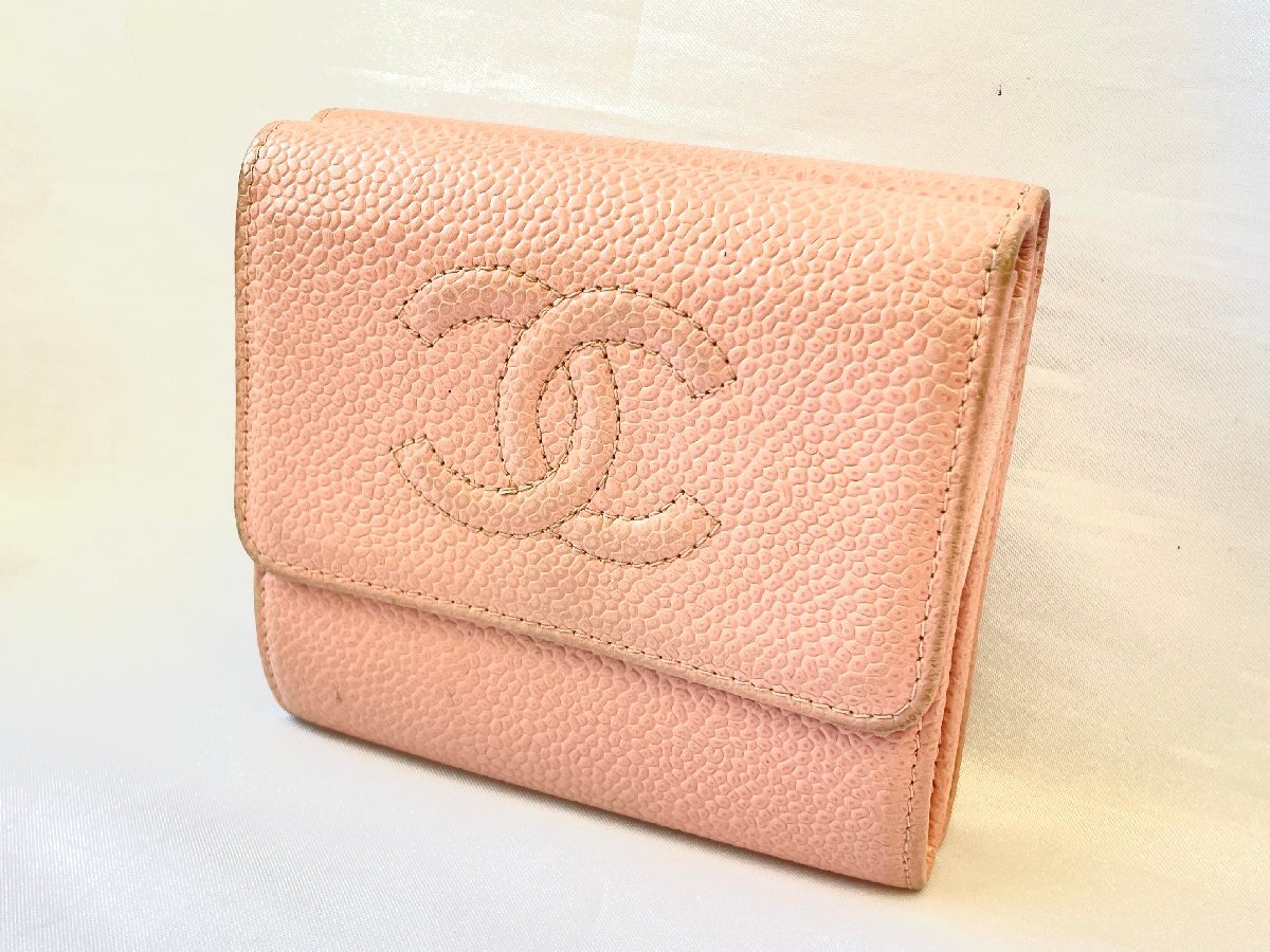 1円スタート☆【CHANEL】シャネル キャビアスキン 3つ折り財布 コンパクト ウォレット ピンク ココマーク 質屋ユニオン 中古B品_画像1