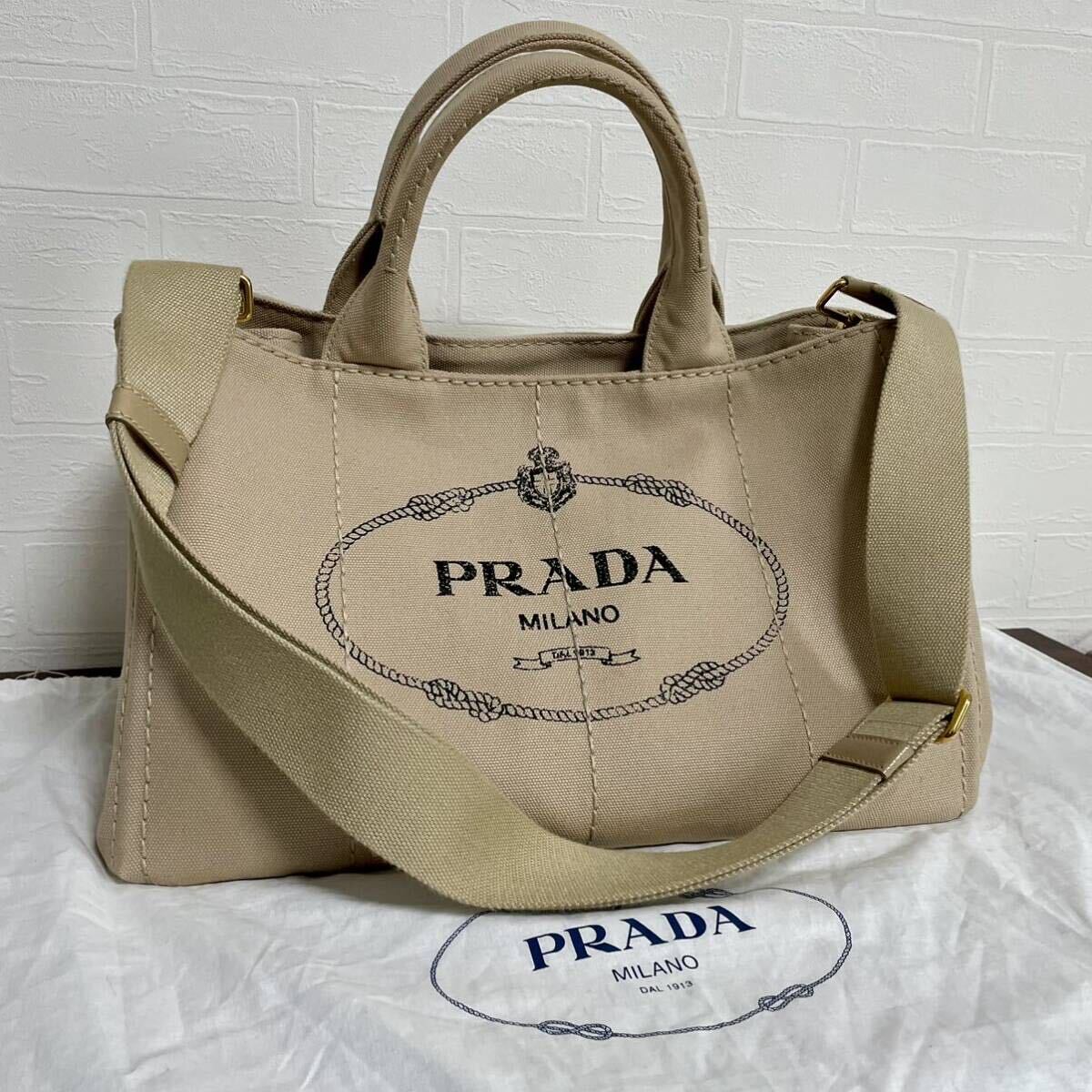 1円 【完全未使用！！】PRADA プラダ カナパ 2way ハンドバッグ トートバッグ ショルダーバッグ キャンバス ベージュ系 保存袋 正規品_画像2