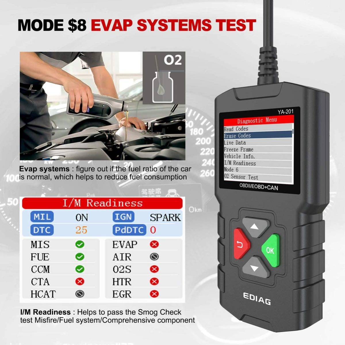 ★特価★ 2024年最新日本語版導入 OBD2診断機 OBD2スキャンツール EDIAG YA-201 12Vの外車、国産普通車、軽自動車に対応 あ_画像10