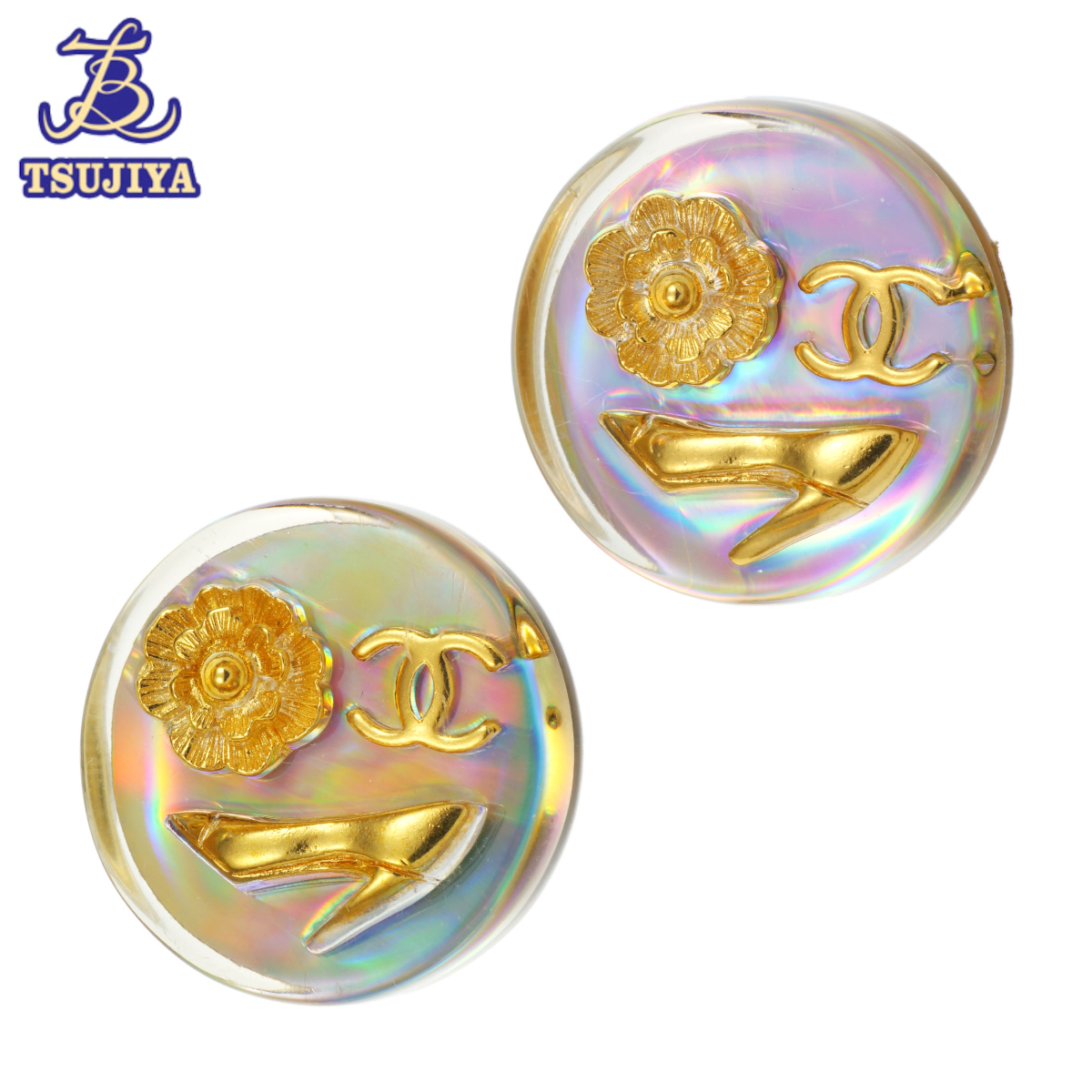 保障できる CHANEL シャネル ココマーク・カメリア・ハイヒールラウンドイヤリング クリアゴールドメッキ 24.6mm 16.4g 中古AB【辻屋質店J2213】 イヤリング