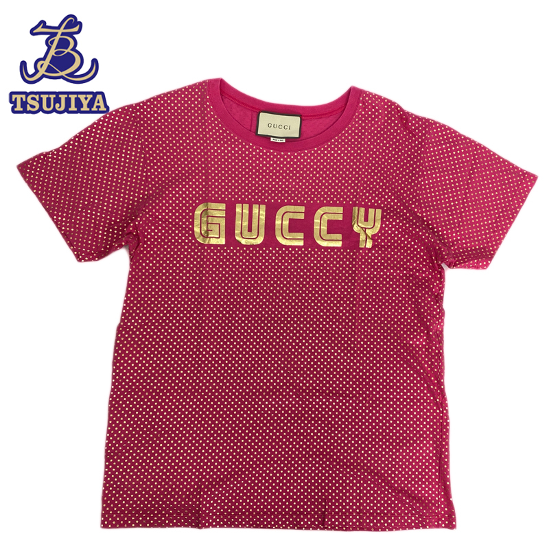 ★美品★GUCCI グッチ　ゴールドロゴ半袖Tシャツ　492347　ピンク　メンズ　#S　中古A【辻屋質店A2449】