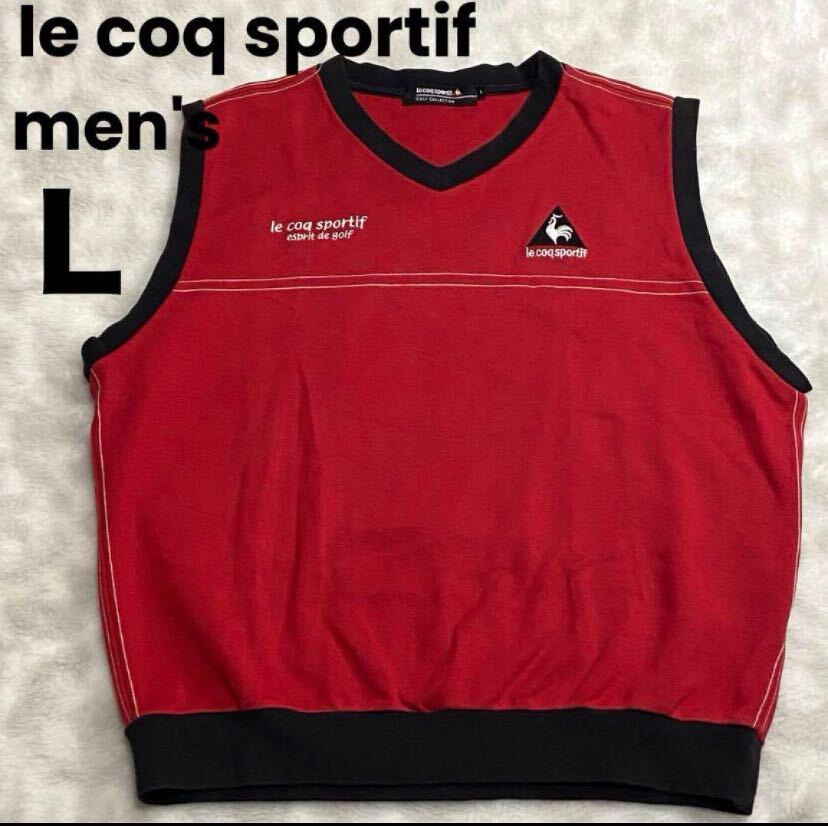 ルコックスポルティフ Vネックベスト ゴルフウエア メンズ Lサイズ レッド×ブラック le coq sportif の画像1