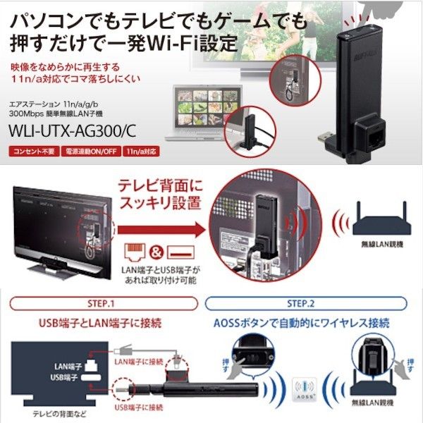 ★美品★BUFFALO　LAN端子用簡単 無線LAN子機　WLI-UTX-AG300/C　Wi-Fi　11n 300Mbps