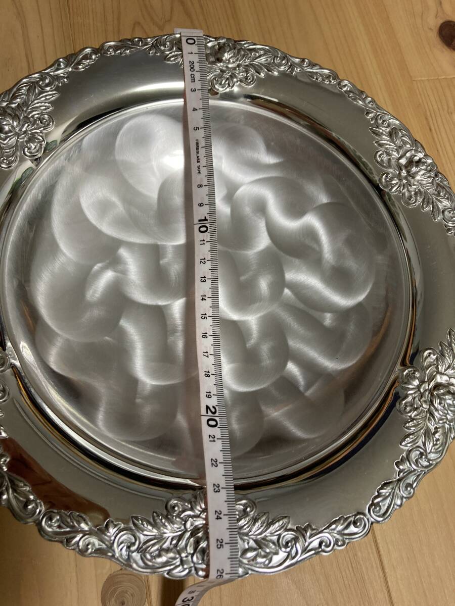 金属皿　足つきプレート　昭和レトロ　当時物　アンティーク　花柄　洋食器　大皿_直径