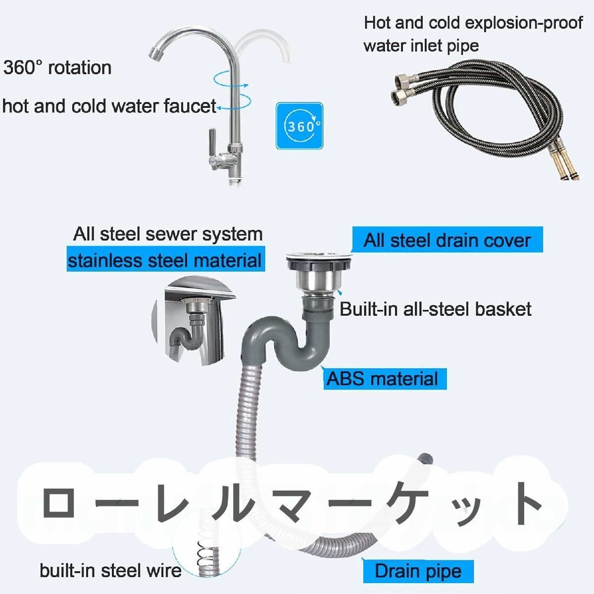 流し台ガーデン 1槽式システムキッチン用具キッチン水栓ステンレス製台所用流し台 シンク劣化に強い 洗面台セット 304ステンレス_画像7