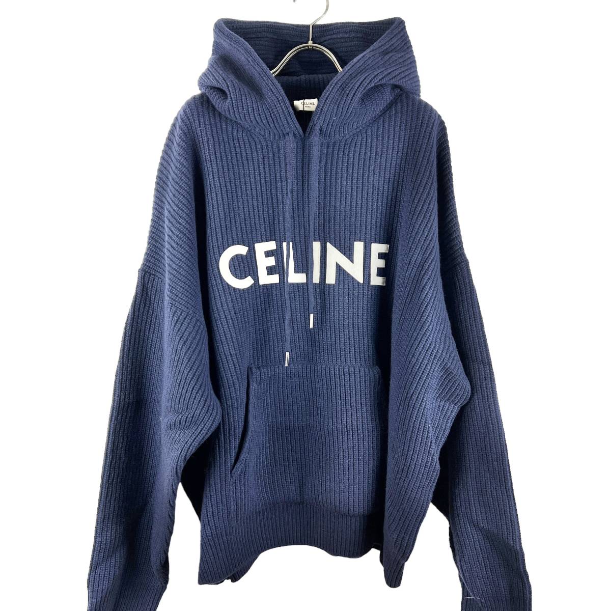 Celine(セリーヌ) Wide Shoulder Knit Short Length Hoodie (blue)