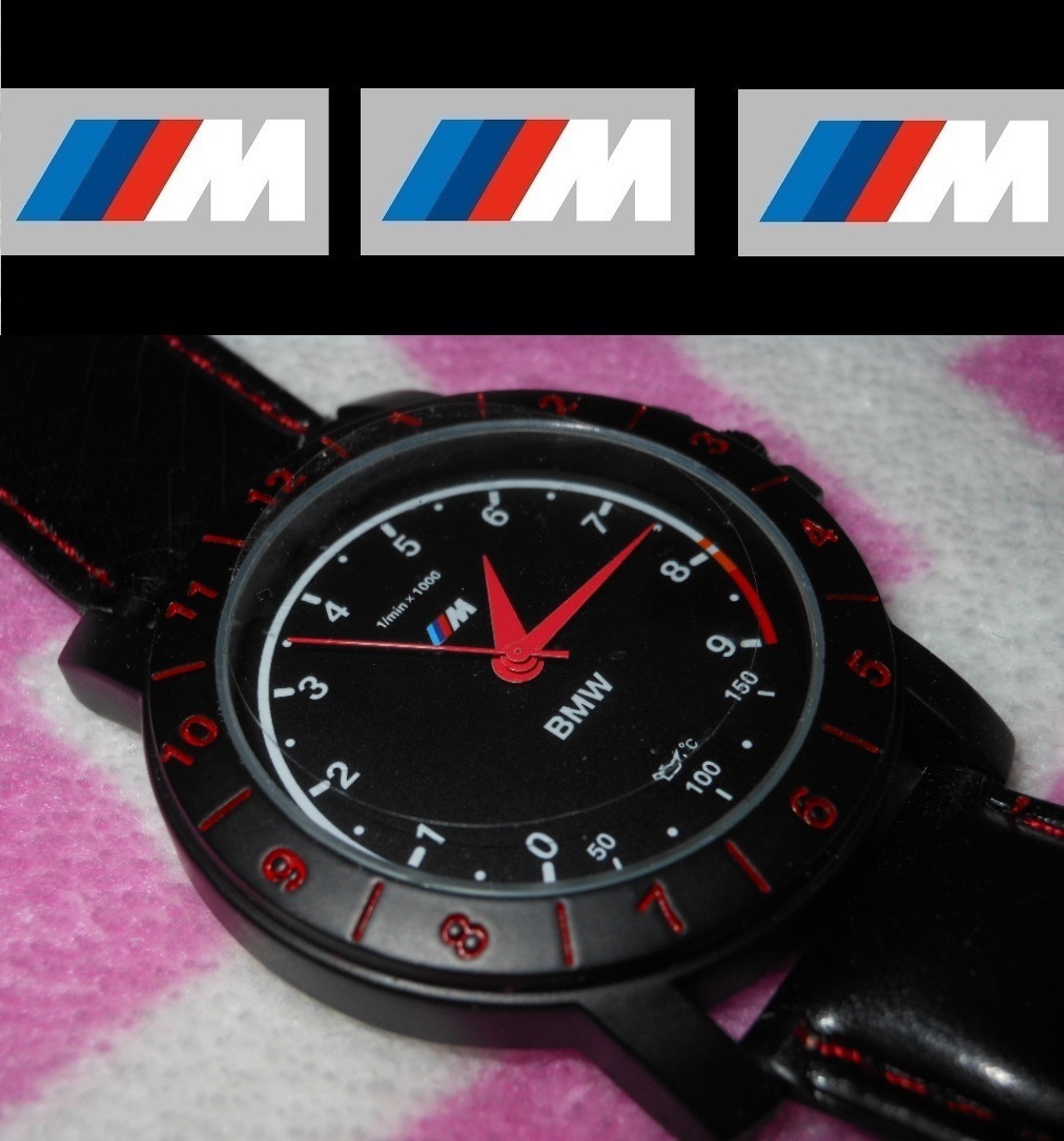  『送料無料です』◆漆黒 BMW 真紅ステッチ赤針 タコメーター調ダイアル 腕時計◆新品電池交換済み＆元箱◆未使用_画像1