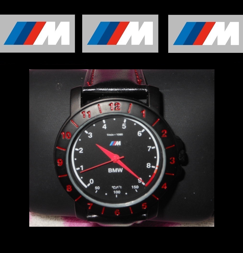 『送料無料です』◆漆黒 BMW 真紅ステッチ赤針 タコメーター調ダイアル 腕時計◆新品電池交換済み＆元箱◆未使用_画像4