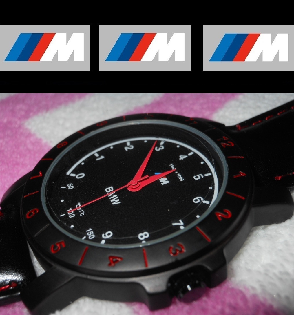  『送料無料です』◆漆黒 BMW 真紅ステッチ赤針 タコメーター調ダイアル 腕時計◆新品電池交換済み＆元箱◆未使用_画像3