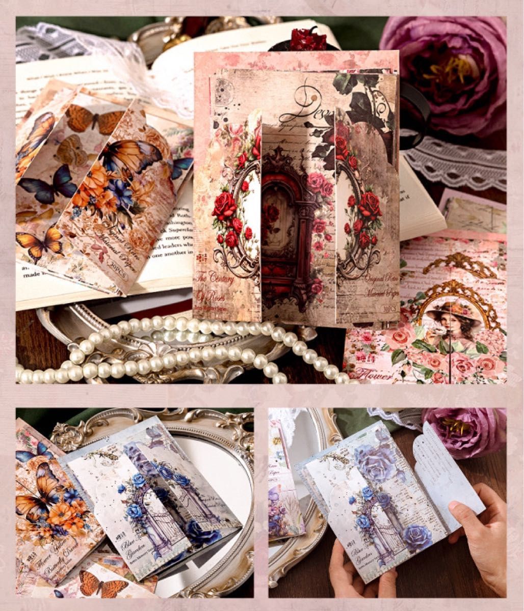 復古記憶シリーズ 6種180枚 本 素材紙 素材ペーパー アンティーク 少女 花 蝶 装飾 スクラップブッキング コラージュ