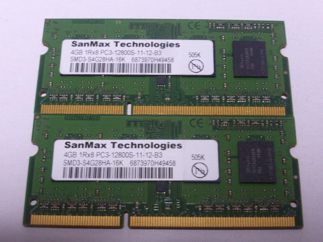 ノートパソコン用メモリ 両面チップ SanMax SK hynixチップ 1.5V DDR3-1600 PC3-12800S 4GBx2枚 合計8GB 起動確認済ですの画像1