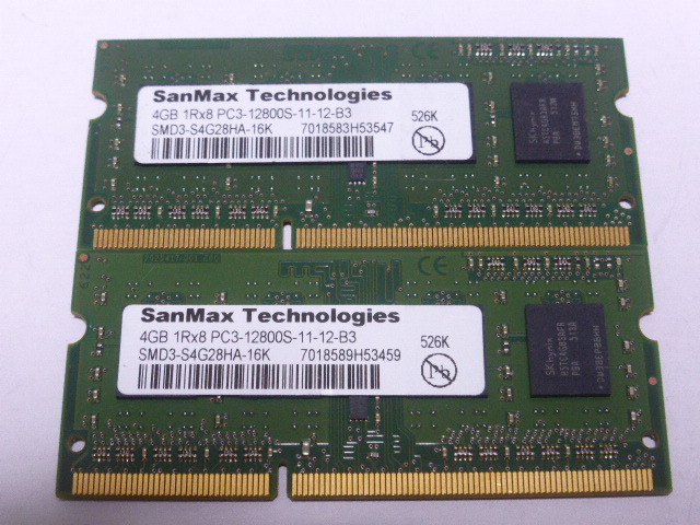 ノートパソコン用メモリ 両面チップ SanMax SK hynixチップ 1.5V DDR3-1600 PC3-12800S 4GBx2枚 合計8GB 起動確認済みですの画像1