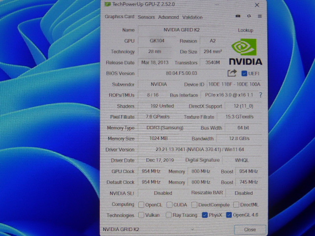 NVIDIA グラフィックボード GRID K2 本体のみ GPU-Zを参照お願いいたします 出力端子は元々無 用途不明の為ジャンク品扱です_画像9