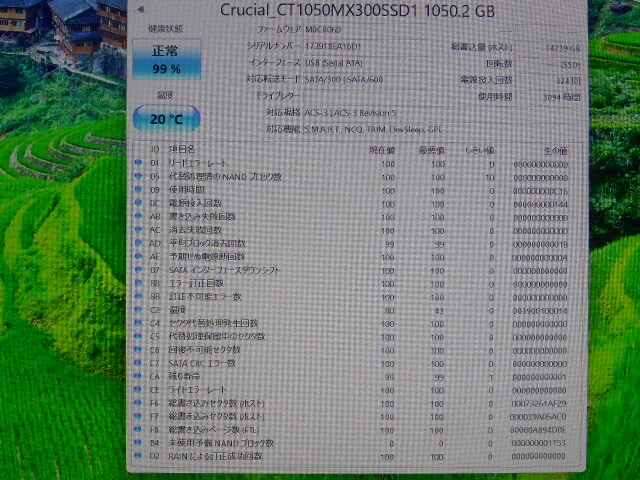 Crucial MX300 SSD SATA 2.5inch 1TB(1050GB) 電源投入回数324回 使用時間3094時間 正常99%判定 本体のみ 中古品です CT1050MX300SSD1の画像3