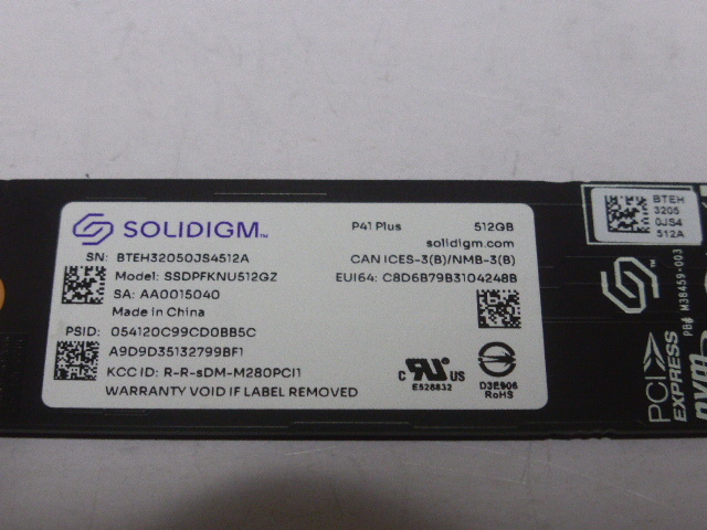 SOLIDIGM SSD M.2 NVMe Type2280 Gen 4x4 512GB 電源投入回数9回 使用時間9時間 正常100% SSDPFKNU512GZ 中古品です_画像3