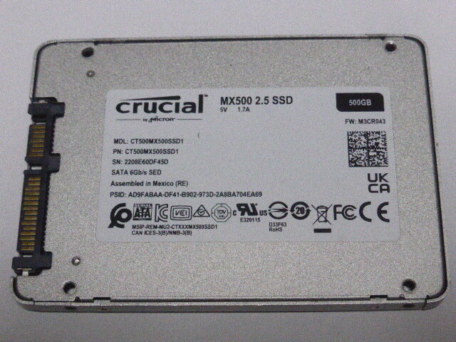 Crucial MX500 SSD SATA 2.5inch 500GB 電源投入回数81回 使用時間8890時間 正常94%判定 本体のみ 中古品です CT500MX500SSD1_画像2