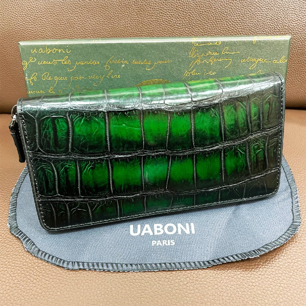 上品 限定EU製＆定価68万◆UABONI*アリゲーター・ファスナー長財布◆高級 上品 希少 手染 パティーヌ 幻 クロコ 本革 レザー メンズ 紳士_画像2