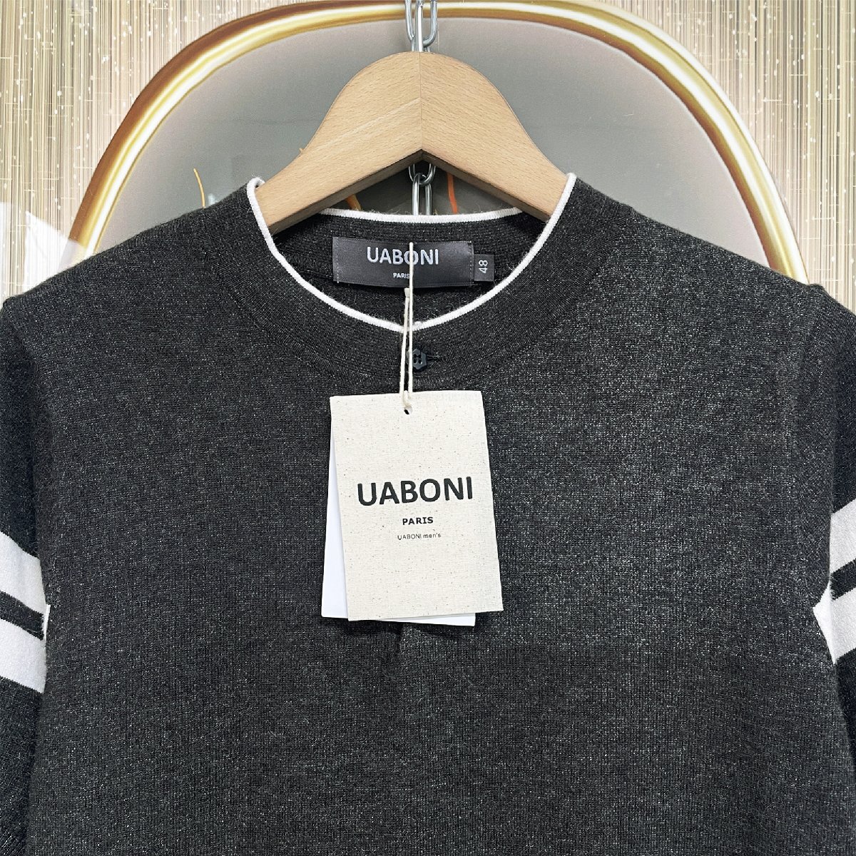 逸品EU製＆定価3万◆UABONI*Paris*半袖Tシャツ*ユアボニ*パリ発◆上級ウール 伸縮性 通気 切替 シンプル サマーニット 紳士 夏 2XL/52_画像3