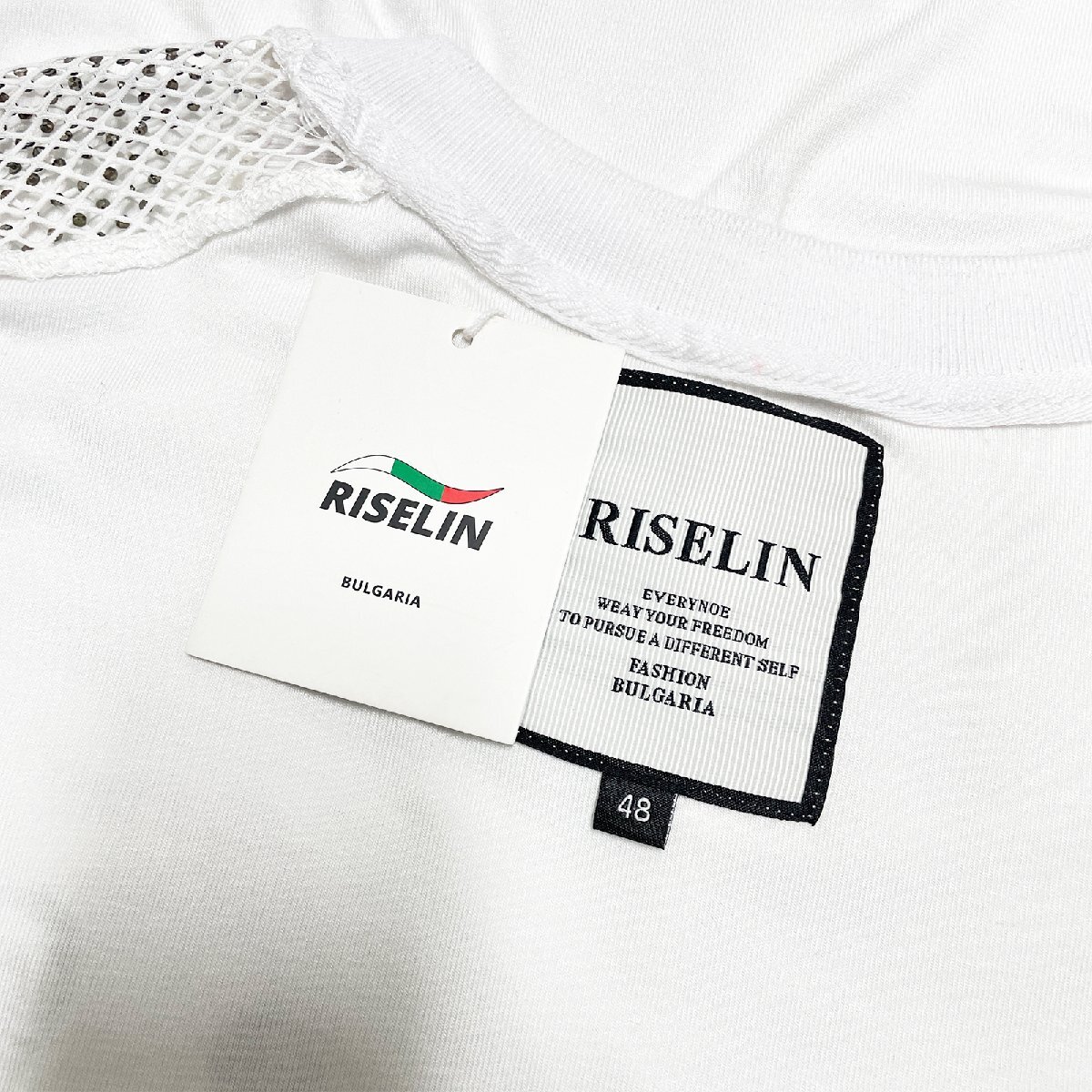 新作ヨーロッパ製※定価2万◆ブルガリア発※RISELIN 半袖Tシャツ 通気 薄手 快適 個性 メッシュ ラインストーン キレイめ レディース L/48_画像9