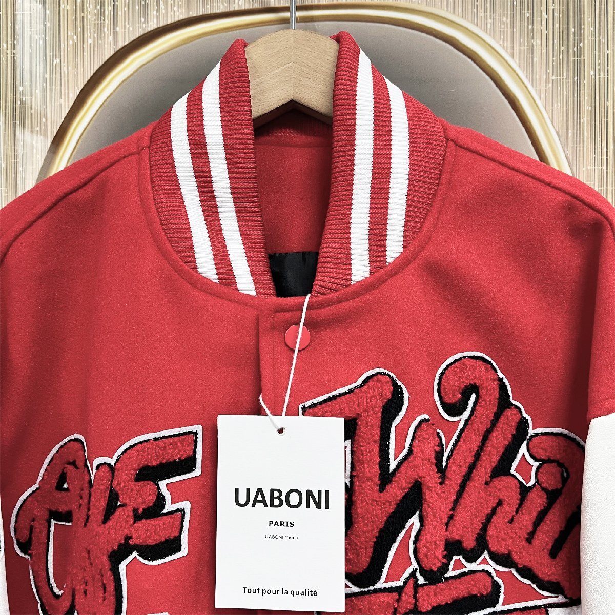 個性EU製＆定価7万◆UABONI*Paris*スタジャン*ユアボニ*パリ発◆高品質カシミヤ 保温 アメカジ 刺繍 ワッペン スポーティ OFF-WHITE XL/50_画像4