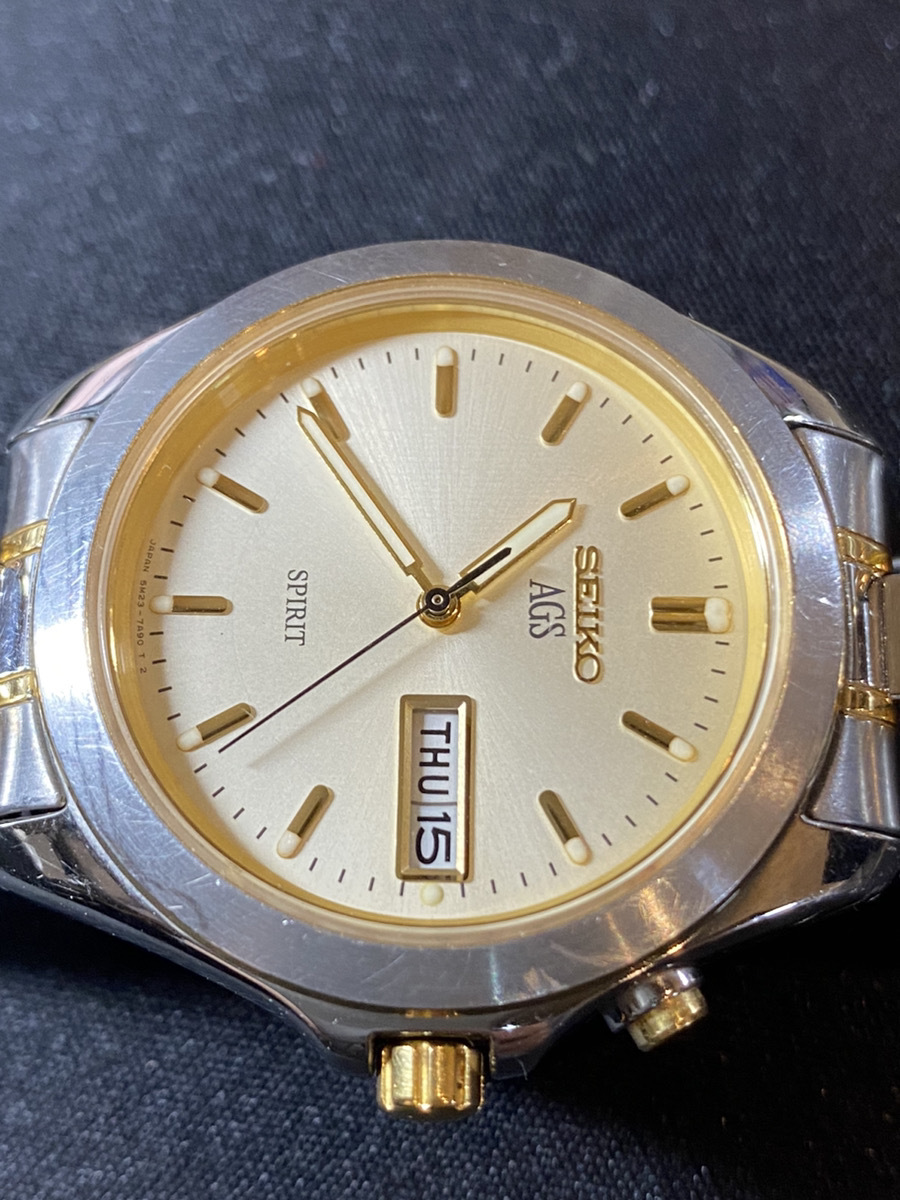 SEIKO Seiko AGS SPIRIT 5M23-7A60 day date Gold face men's wristwatch self-winding watch #12189