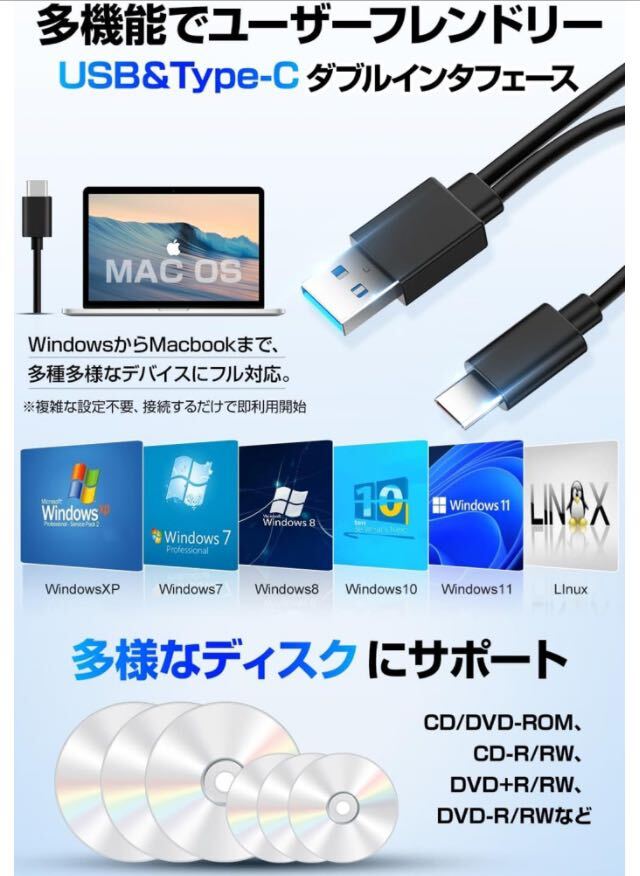 0329）外付けDVDドライブ 極静音 CD DVDドライブ 外付け 高速 USB 3.0&Type-Cデュアルポート 外付けCDドライブ _画像4