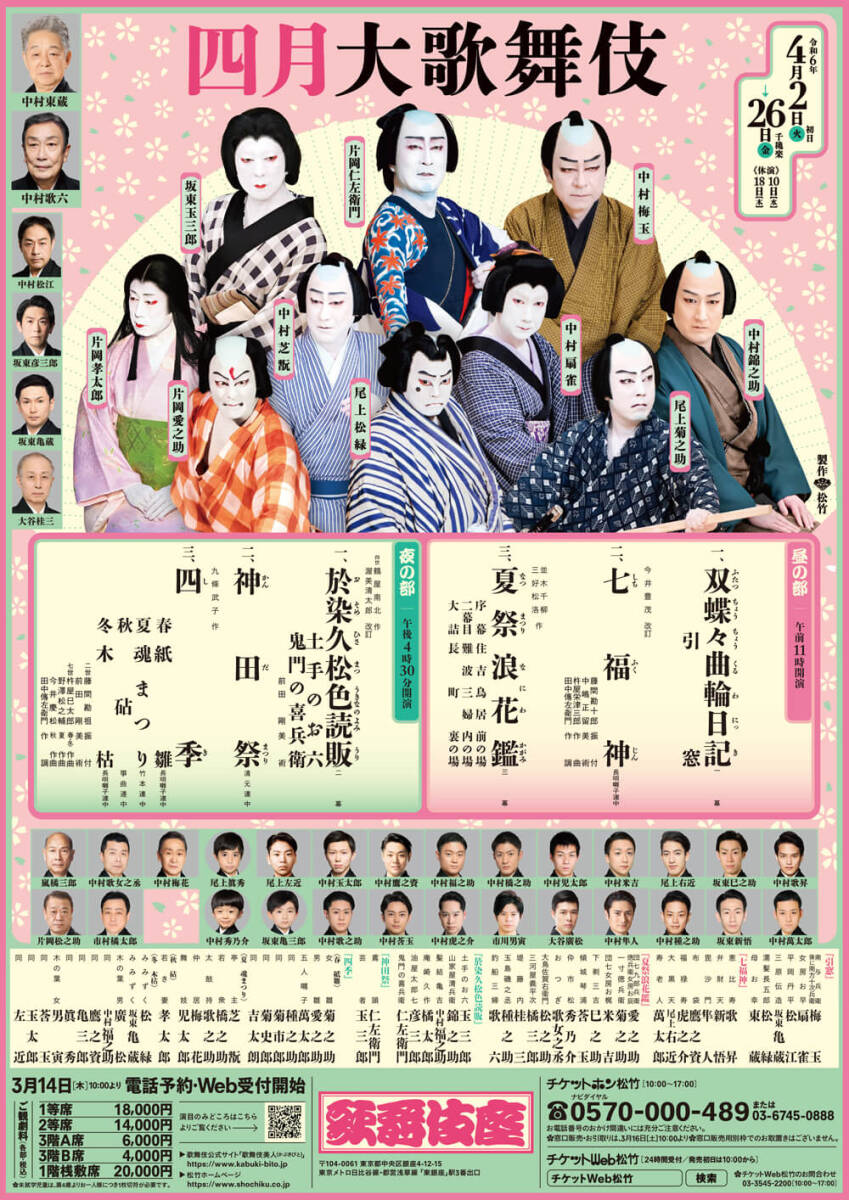2席ペア 歌舞伎座 四月大歌舞伎 4月14日（日）夜の部 １等席 2階席 歌舞伎座の画像1