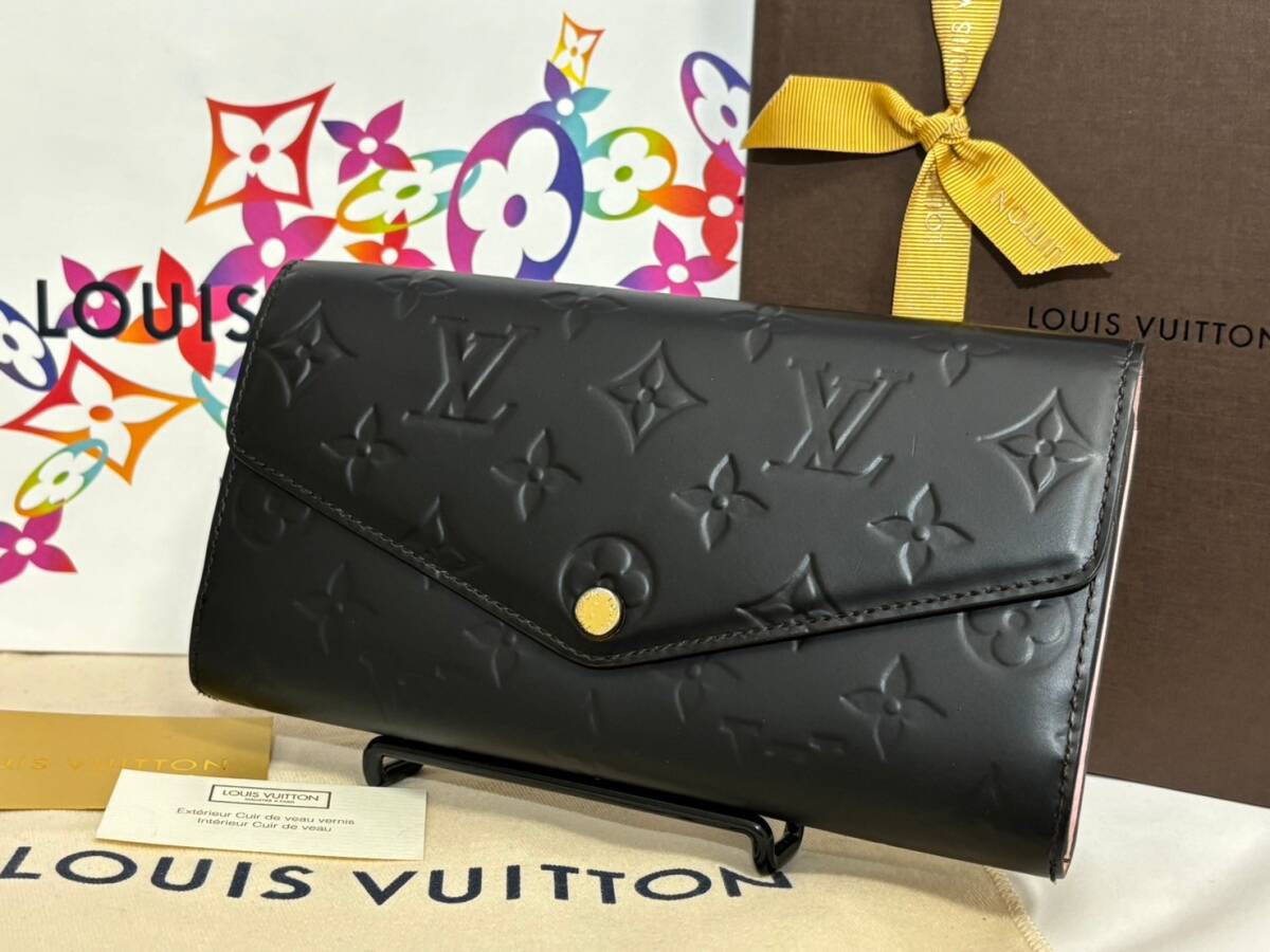 【美品】ルイヴィトン ヴェルニ ポルトフォイユ サラ 長財布 マットブラック ピンク モノグラム LOUISVUITTON_画像1