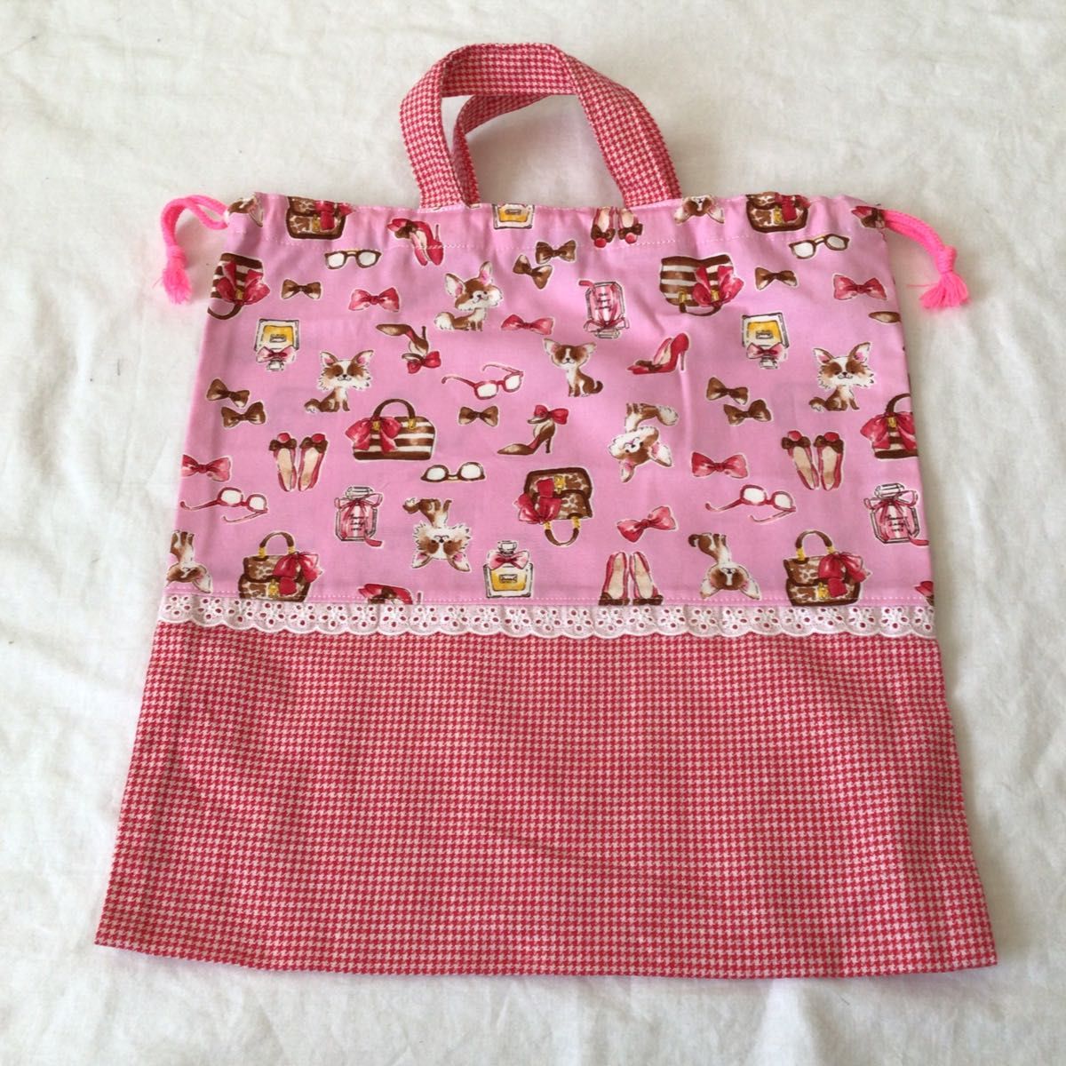 入園入学準備3点セット　ハンドメイド女の子　ピンクのレース付き　レッスンバッグ　シューズケース　お着替え袋
