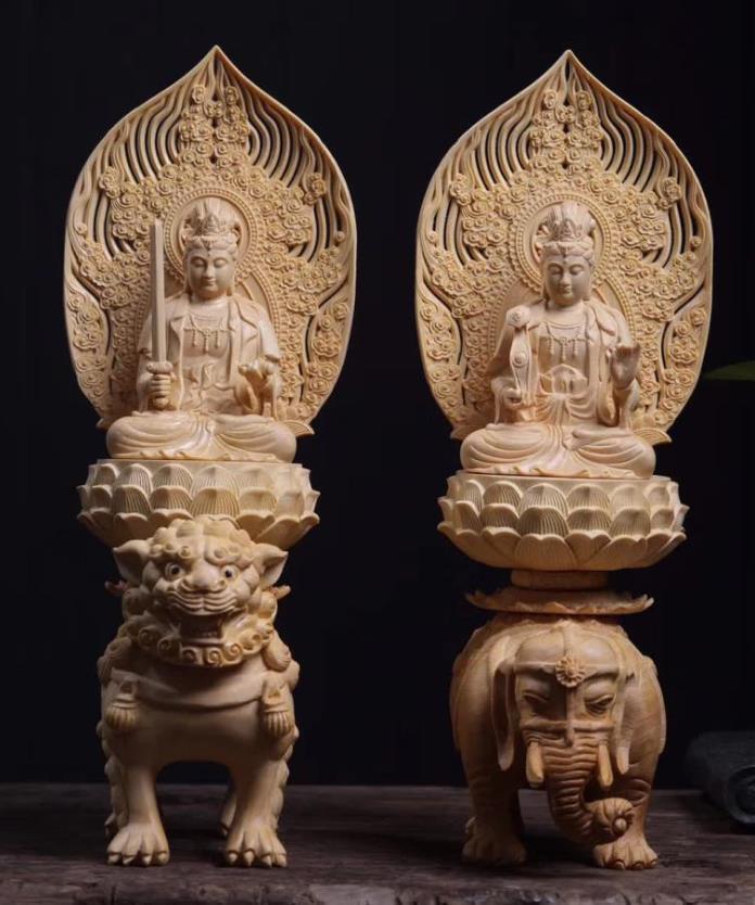 極上品 仏像 文殊菩薩座像　普賢菩薩座像　仏教美術 手彫り 精密彫刻 高さ約36.5cm ZCL1013