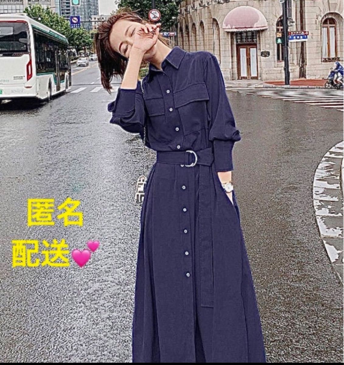 ロングシャツワンピース ネイビー・紺色 ポケットあり ベルト ロングシャツワンピース ネイビー・紺色 ポケットあり ベルト
