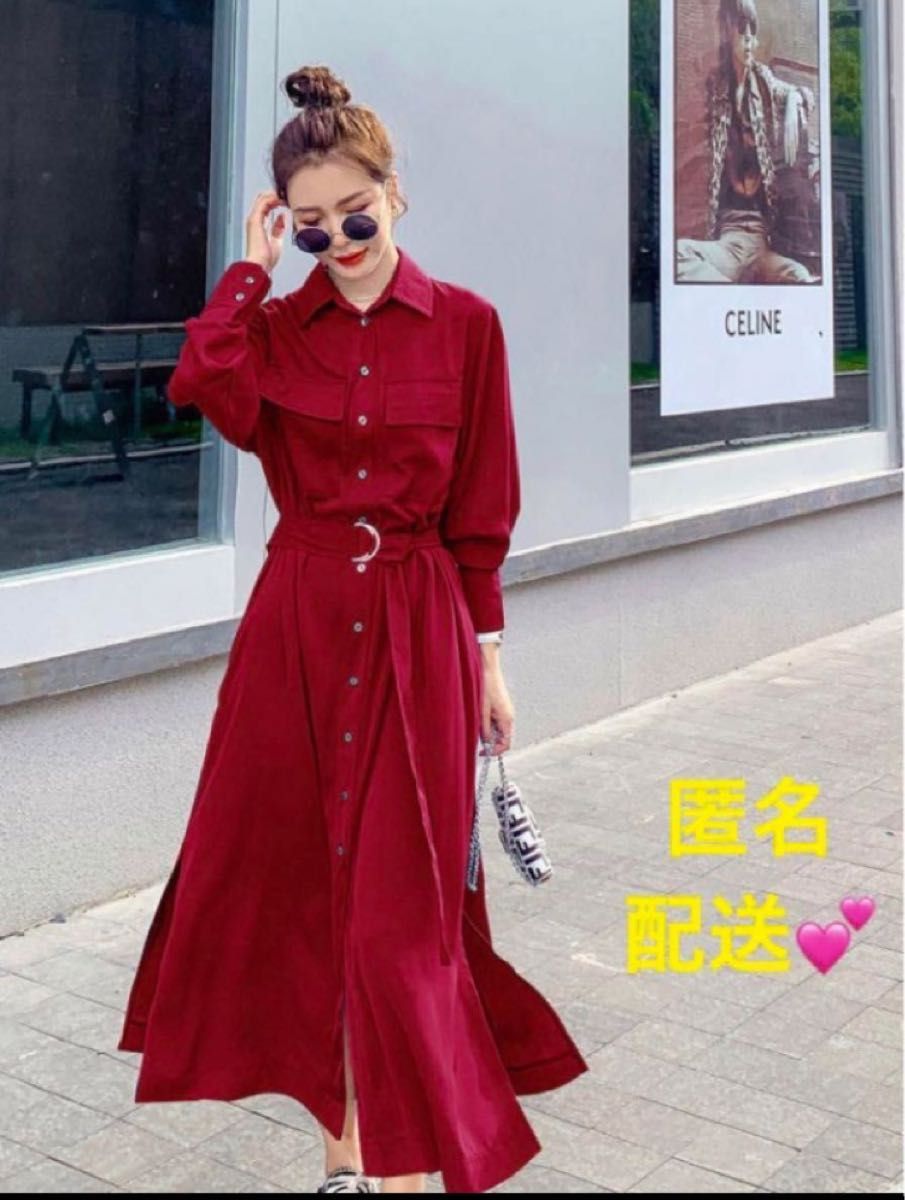 ロングシャツワンピース レッド赤 ポケットあり ベルト付き ロングシャツワンピース レッド赤 ポケットあり ベルト付き