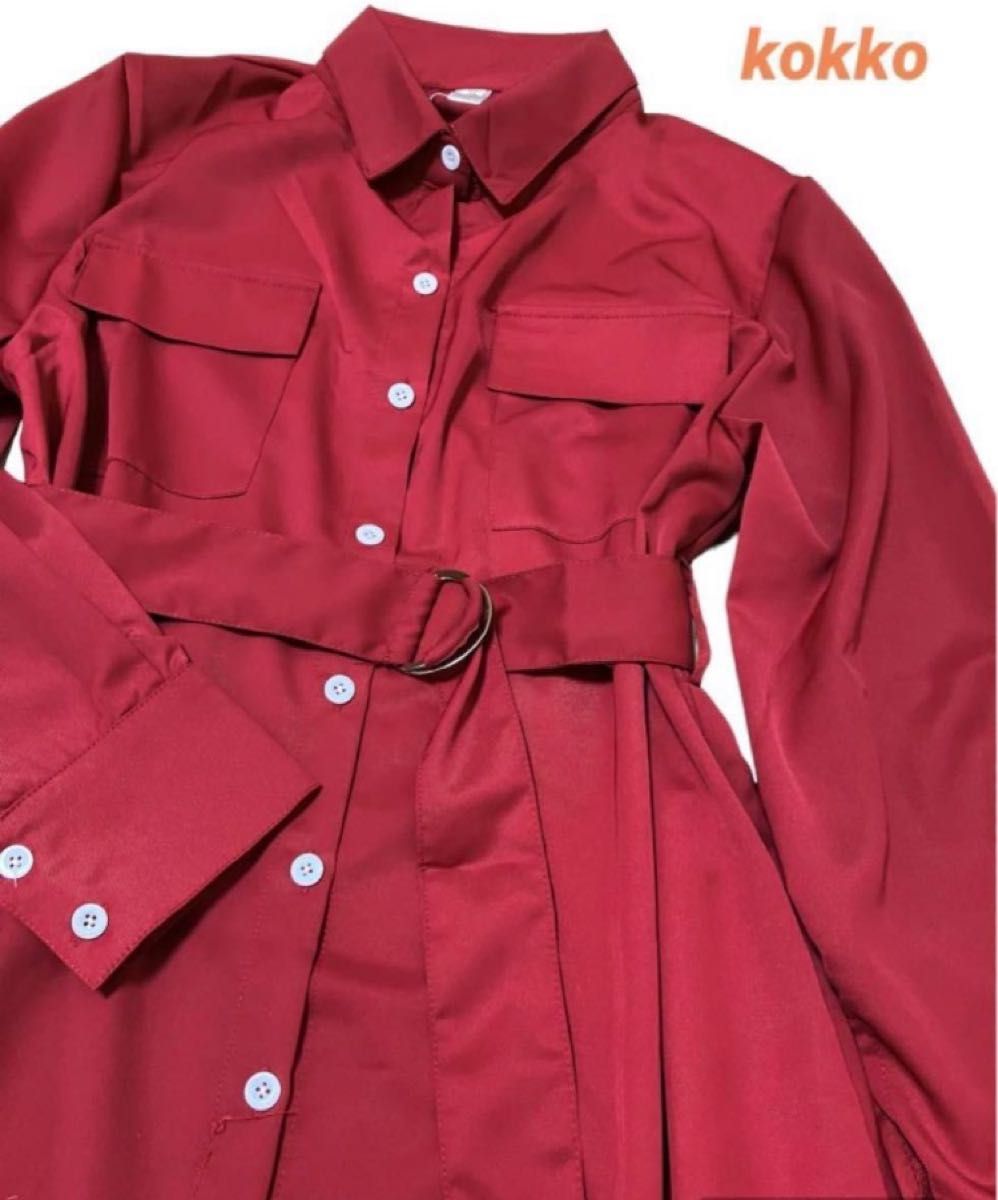 ロングシャツワンピース レッド赤 ポケットあり ベルト付き ロングシャツワンピース レッド赤 ポケットあり ベルト付き