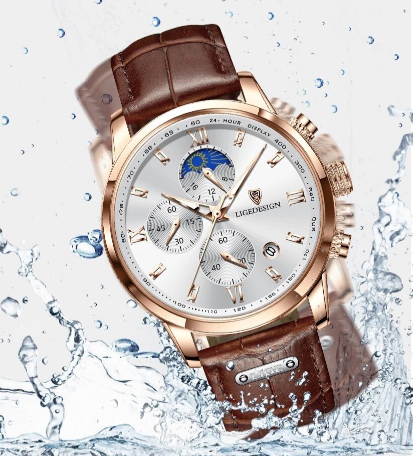 LIGE DESIGN men's wristwatch Gold white waterproof chronograph calendar 