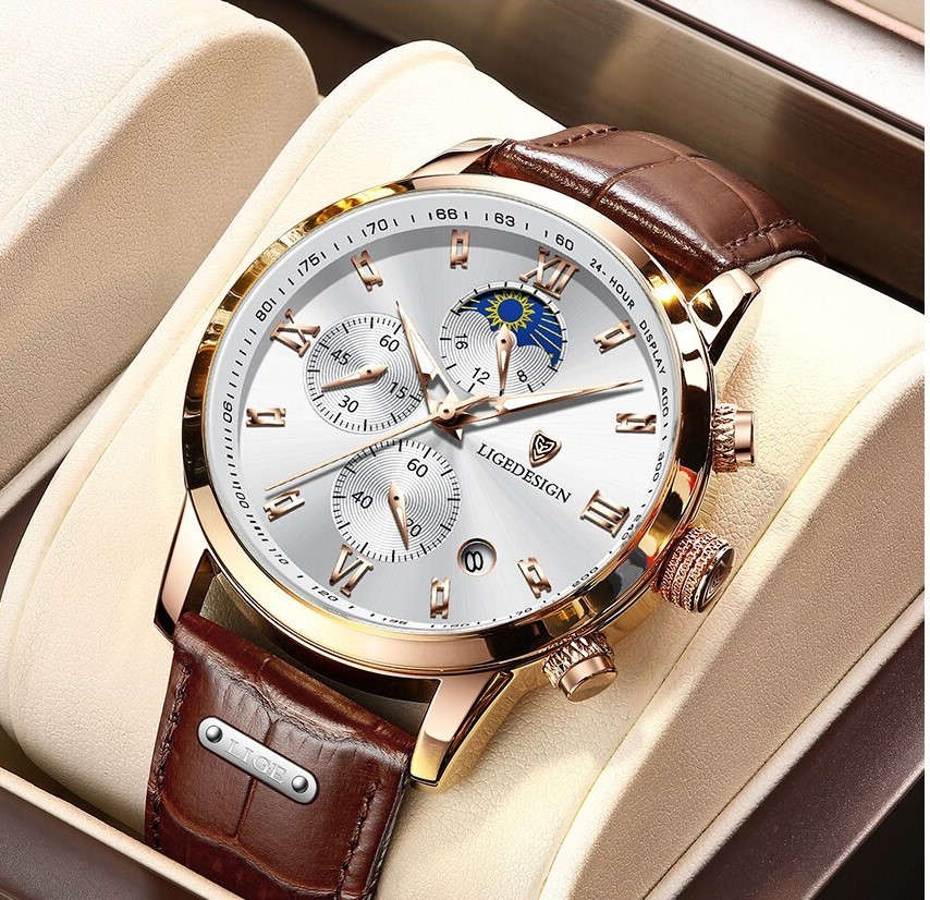 LIGE DESIGN men's wristwatch Gold white waterproof chronograph calendar 