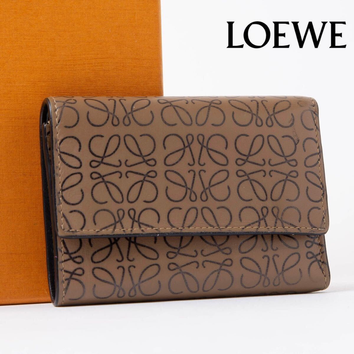 ★極美品★LOEWE ロエベ リピート アナグラム カーフ 茶 レディース　折り財布　小銭入れ　コンパクトウォレット　三つ折り財布　574-6_画像1